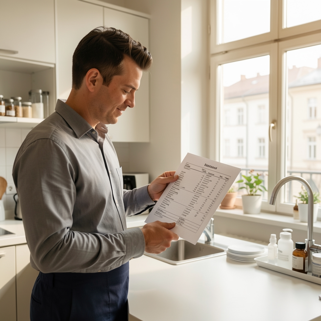 Man reviewing a printed ingredient breakdown sheet at a clean workspace with morning light through tall windows in a Vienna apartment