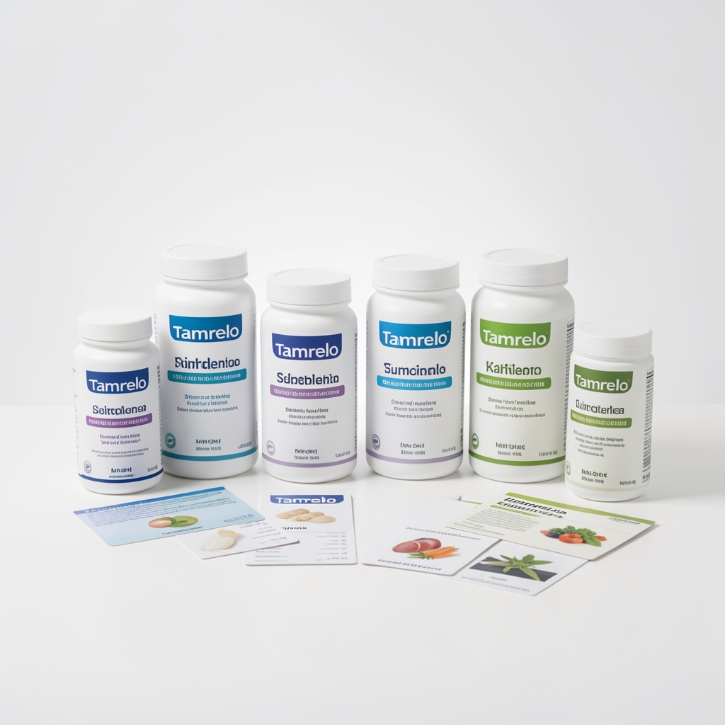 Tamrelo supplement range laid out on a clean white surface under studio lighting with ingredient cards visible