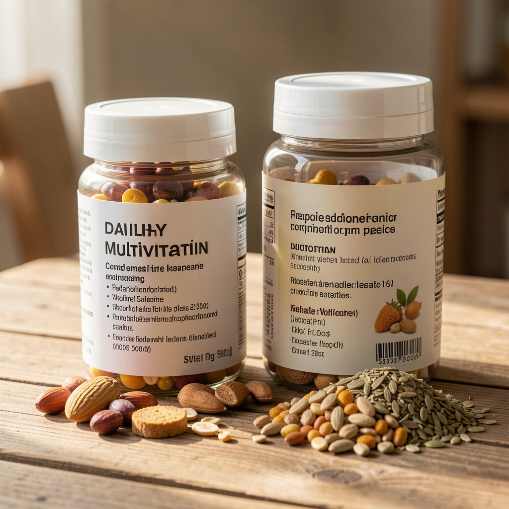 Tamrelo Core Daily multivitamin composition containers on a wooden surface with natural light, showing label detail and whole-food ingredient samples