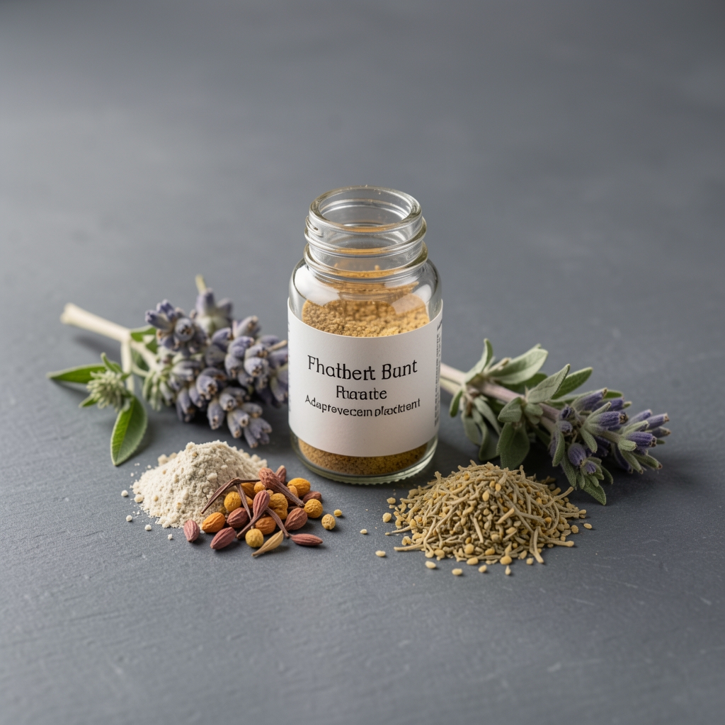 Tamrelo Energy Focus supplement composition with adaptogen plant extracts arranged alongside the product on a slate grey surface in controlled lighting