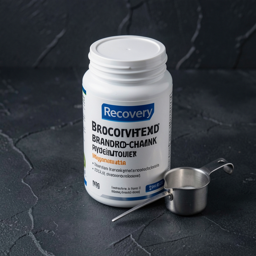 Tamrelo Strength Recovery supplement with branched-chain amino acid powder and magnesium glycinate on a dark textured background with measurement scoop