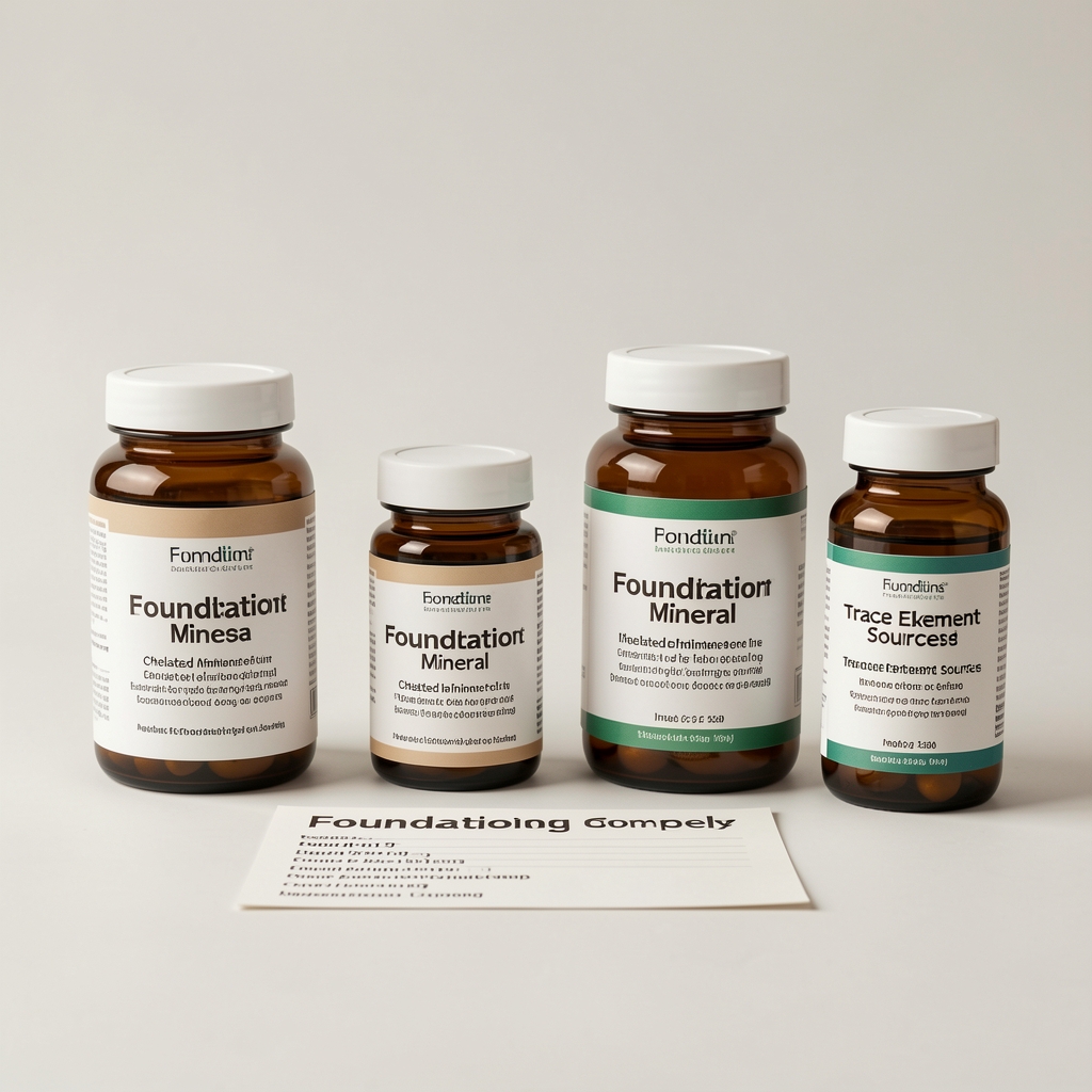Tamrelo Mineral Foundation complex with chelated mineral forms and trace element sources displayed on a light background with ingredient list card