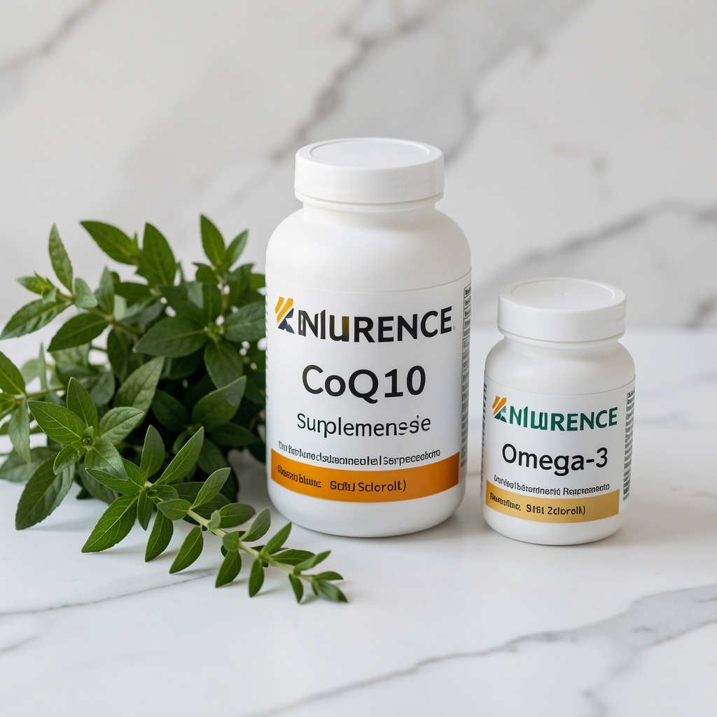 Tamrelo Vitality Endurance supplement with CoQ10 and Omega-3 sources shown alongside fresh plant material on a white marble surface with labels